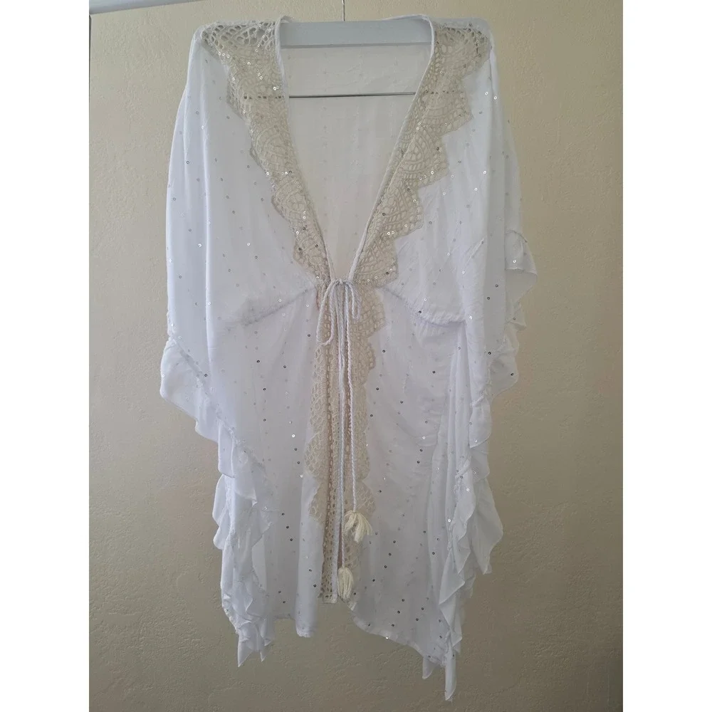 Calzedonia Boho Cottagecore White Gold Sparkles Soft‎ Cover Up